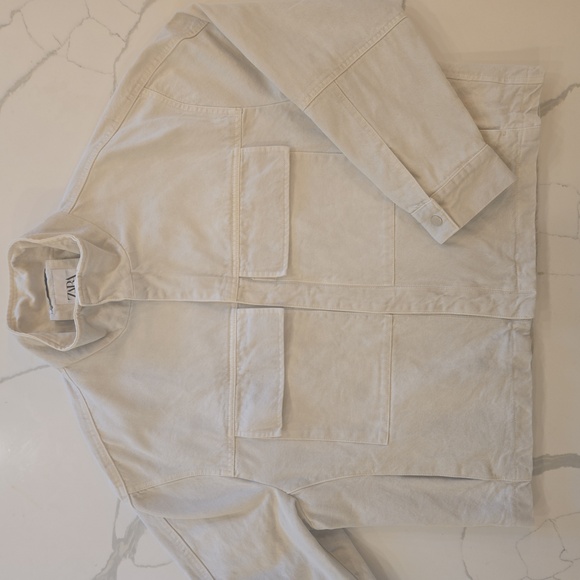 Zara 100% Cotton Cropped Barn Chore Jacket Oversized Cream Tan Womens Size Large - Picture 1 of 11